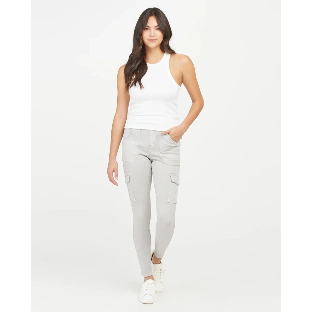 SPANX Stretch Twill Ankle Cargo Pants Womens XL Tall Light Gray Pull On Slimming